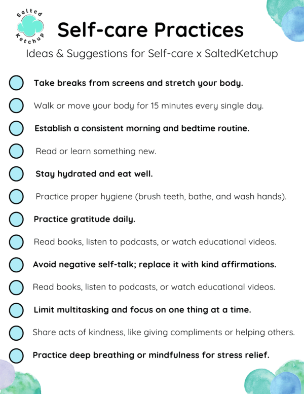 SaltedKetchup Self-care practices. Best Self-care, Health and Wellness tips from SK> www.saltedketchup.com
